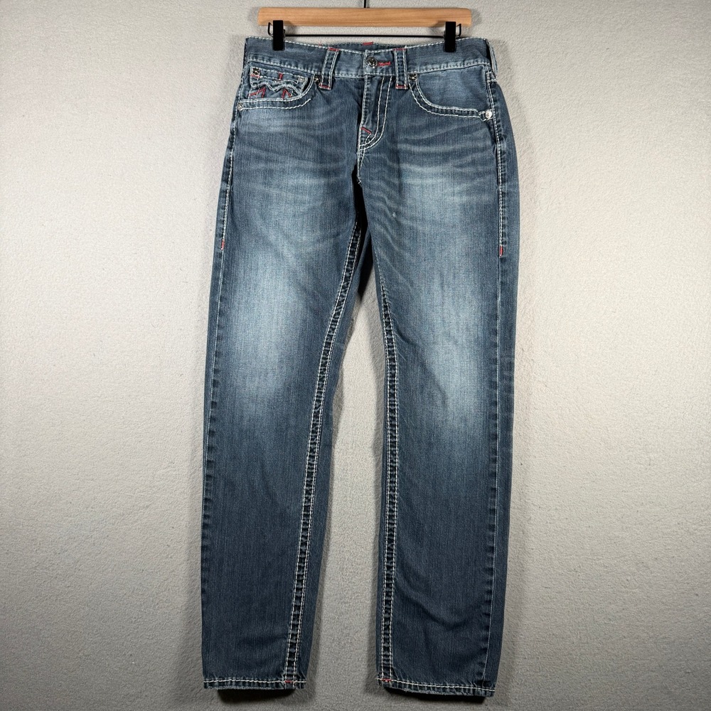 True Religion Section Slim Jeans Mens 32x31 Blue Contrast Thick Stitch 100675
